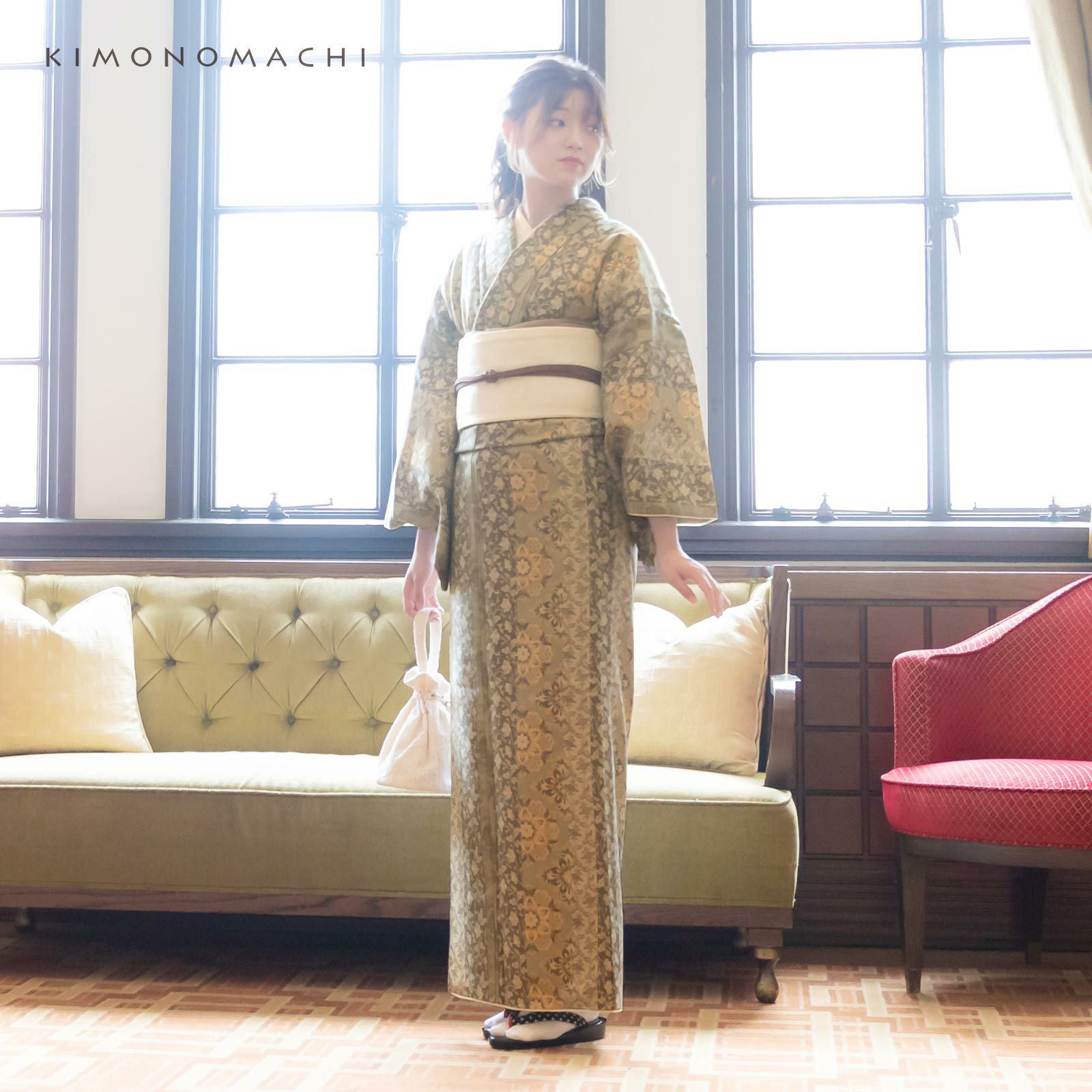ポリ着物 袷 縞柄 KIMONOMACHI 洗える着物 セット 「袷着物：縞更紗水色＋京袋帯：日向の