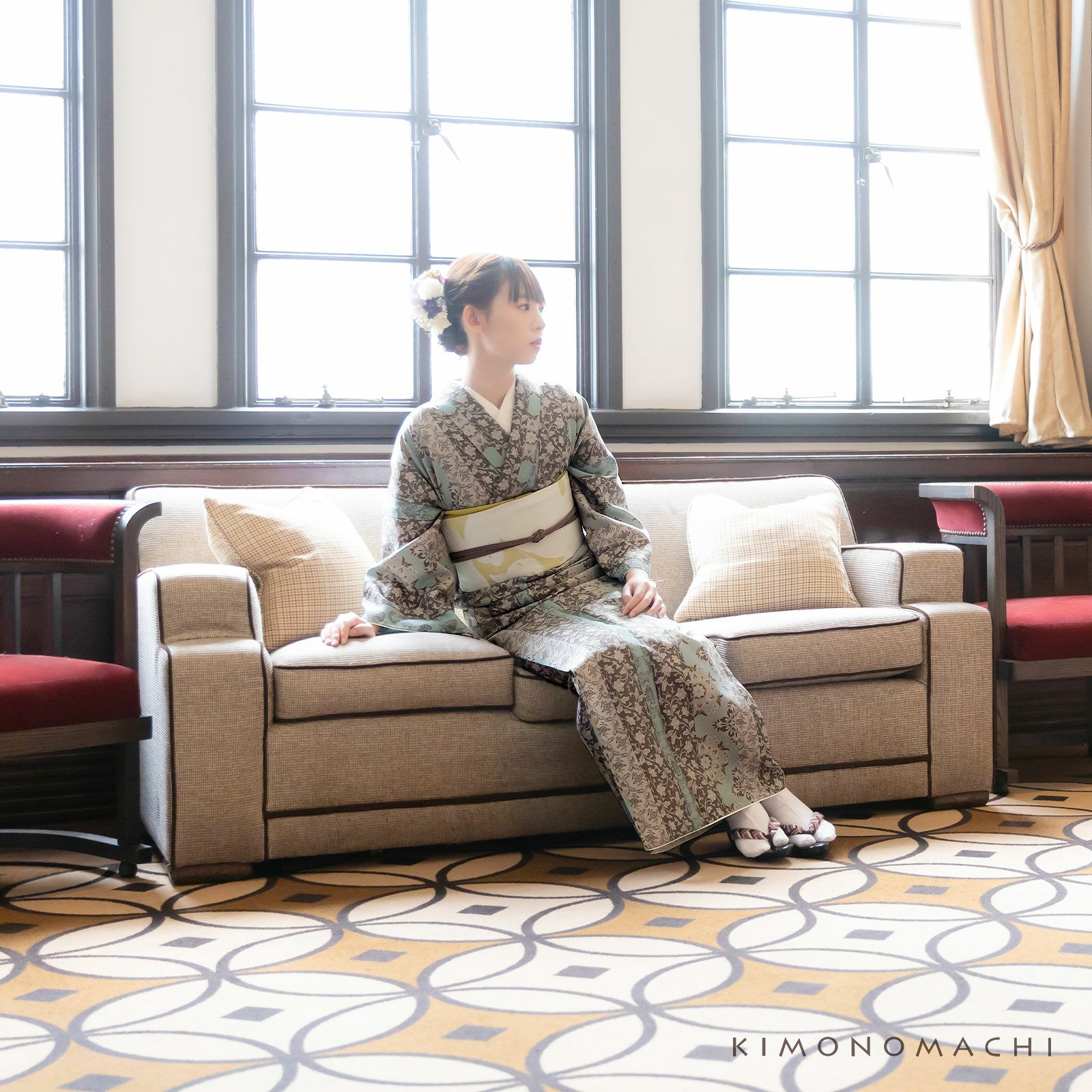 洗える着物 セット 「袷着物：縞更紗水色＋京袋帯：日向の白猫