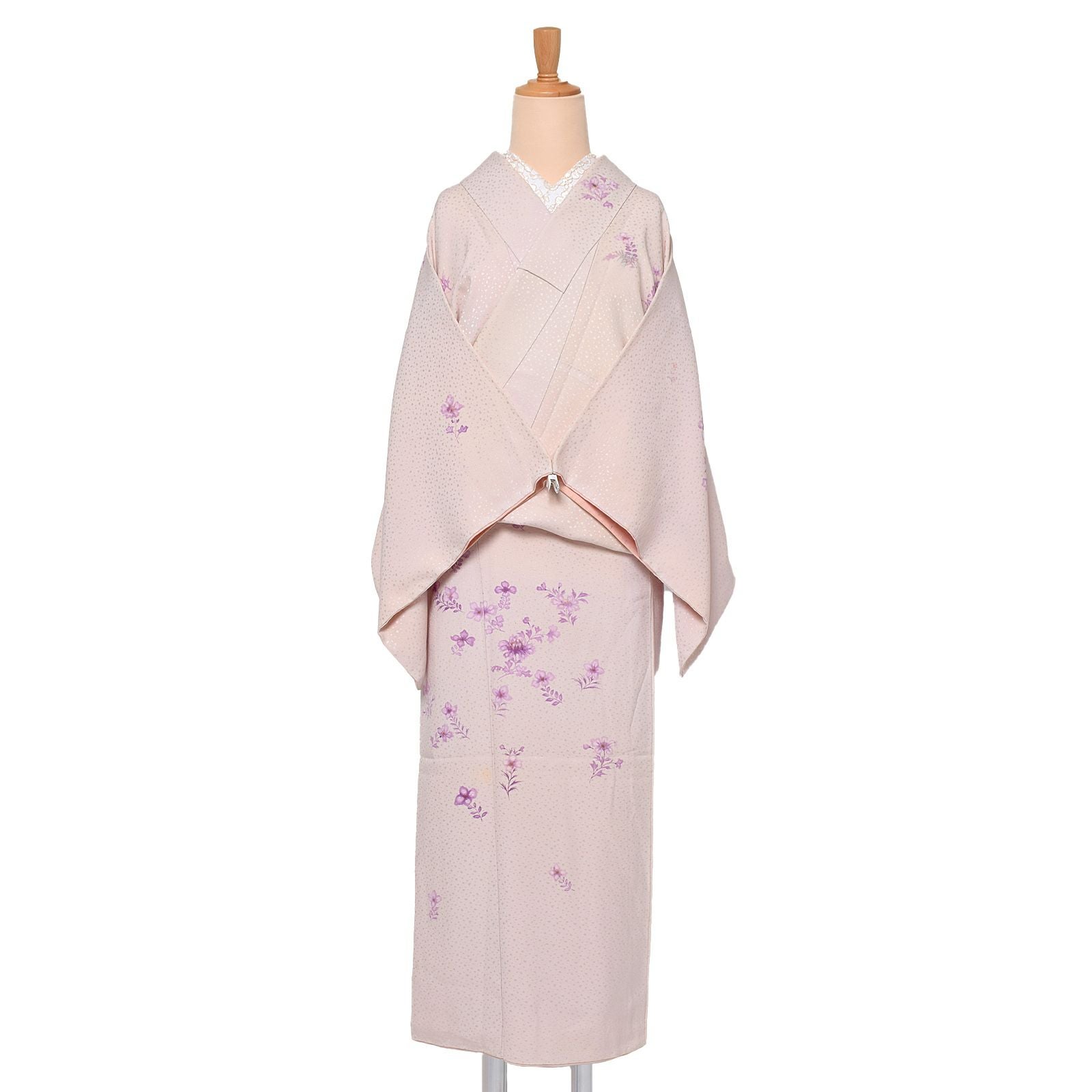 小紋 袷 着物 老舗 正絹 はんなり小紋 白ベージュ モスグレー 市松 桜 地紋 中古 仕立て上がり 身丈169 裄70 ＴＬサイズ みやがわ sb14226 小紋 袷 着物 老舗 正絹 はんなり小紋 白ベージュ モスグレー 市松 桜