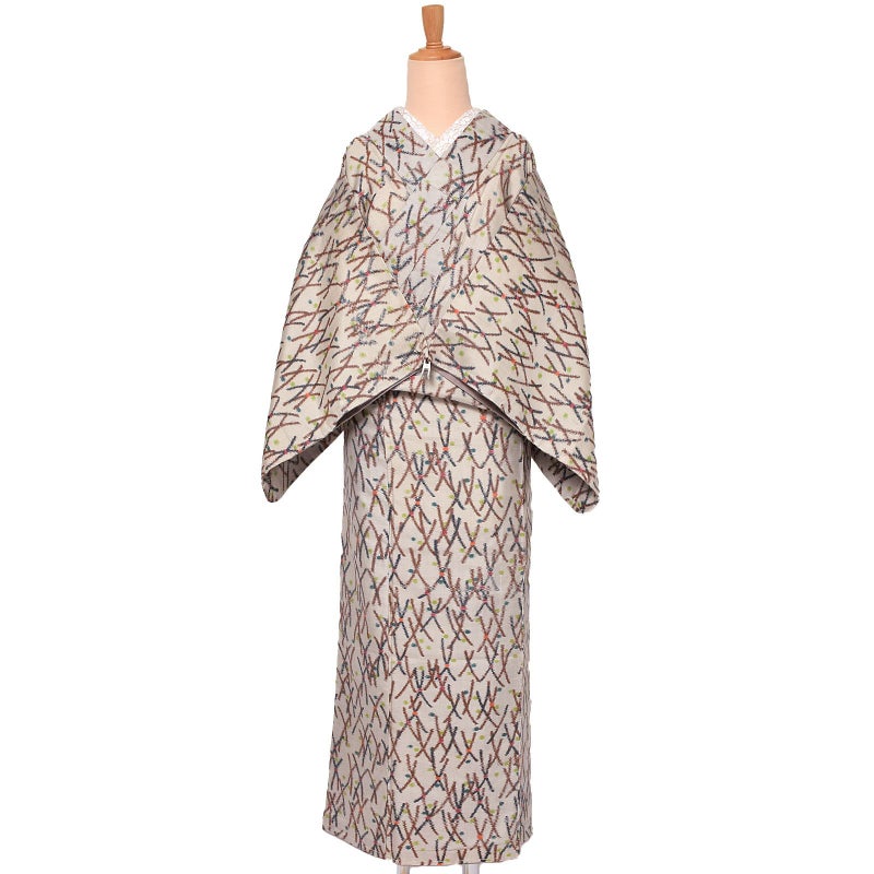 【中古品】仕立て上がり 袷着物 「グレー地に変わり柴垣」 小紋 正絹 銘仙