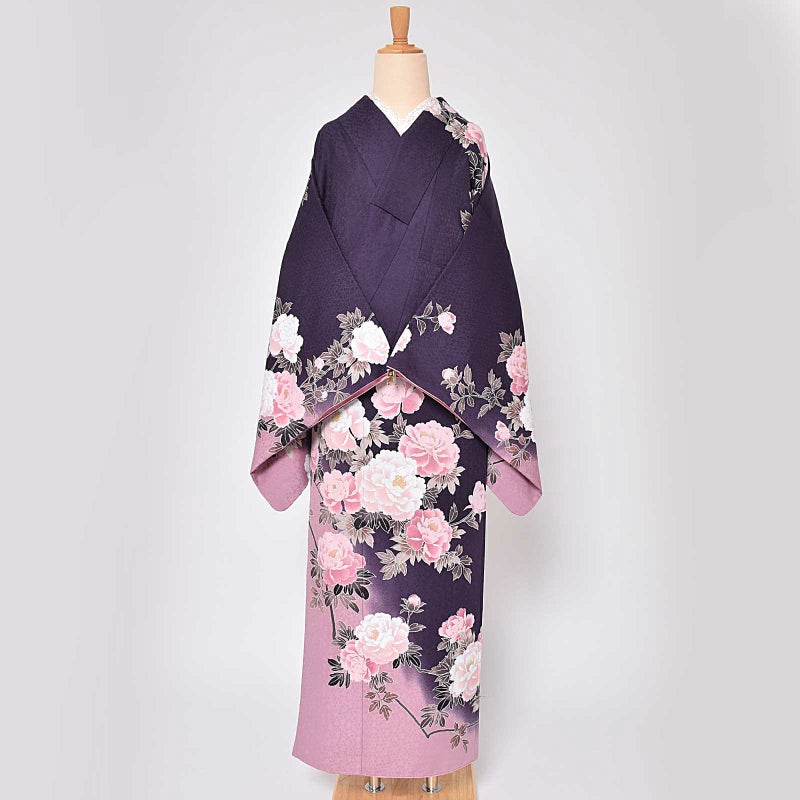 【中古品】仕立て上がり 訪問着 袷着物 「紫にぼかし　牡丹づくし」 ポリエステル