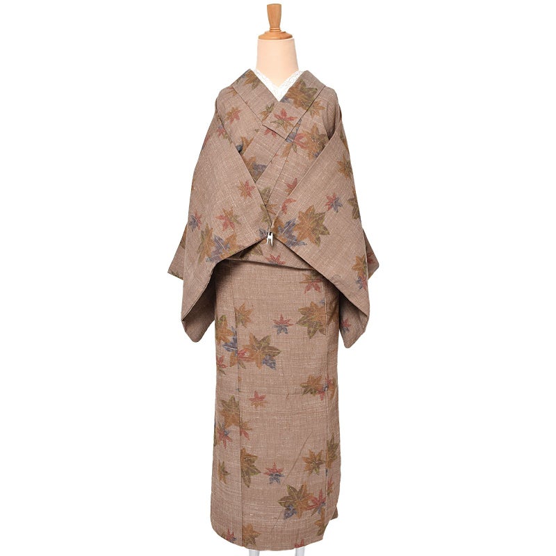 【中古品】仕立て上がり 袷着物 「茶　楓」 小紋 レトロ