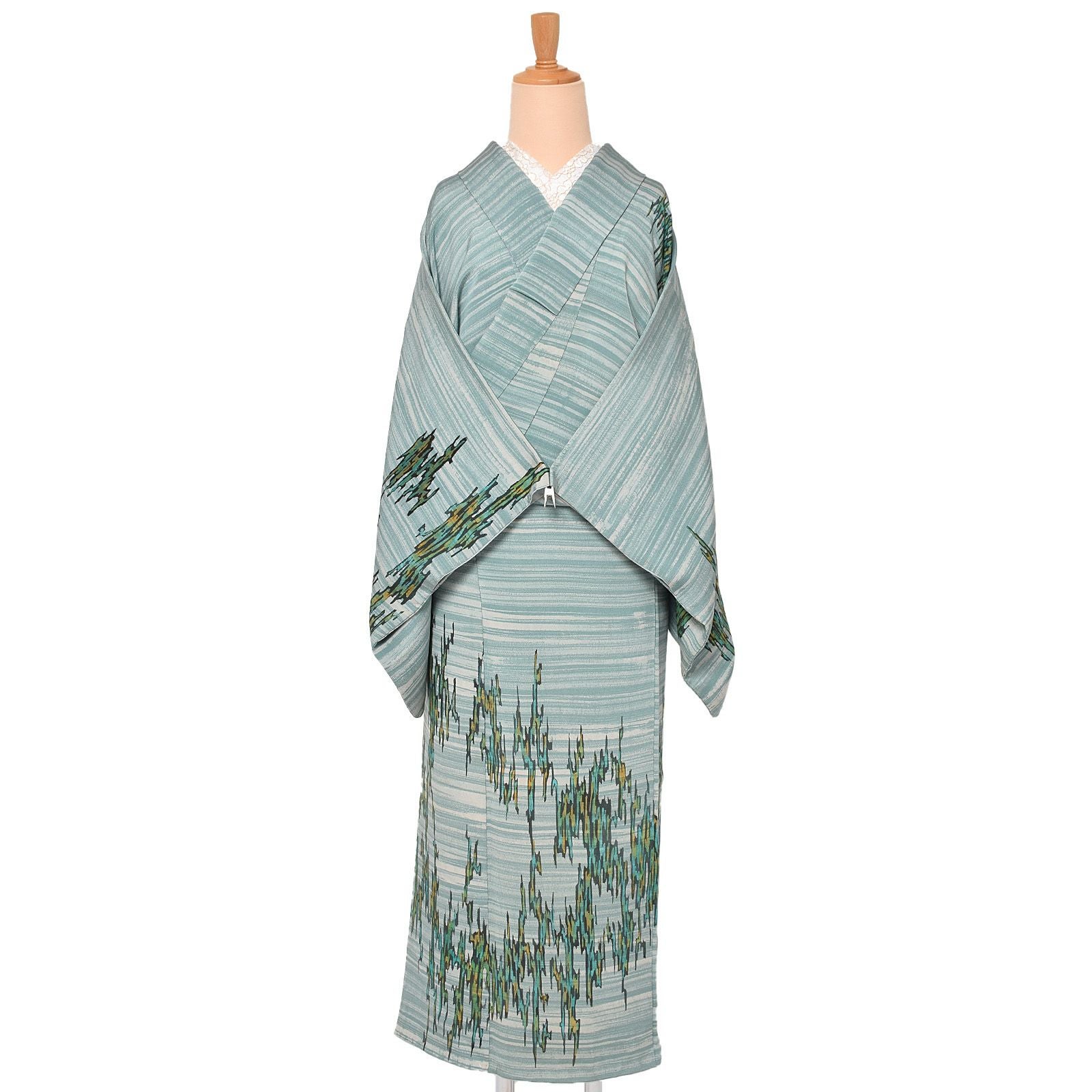 【中古品】仕立て上がり 訪問着 袷着物 「緑　横段　波形」 正絹