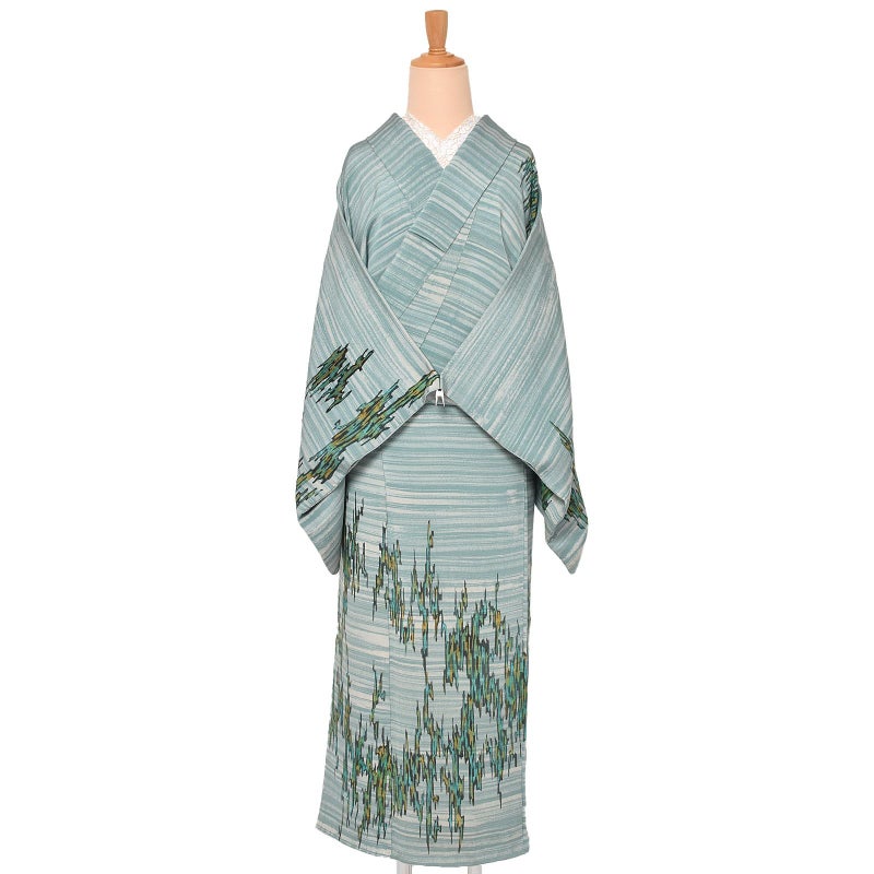 【中古品】仕立て上がり 訪問着 袷着物 「緑　横段　波形」 正絹