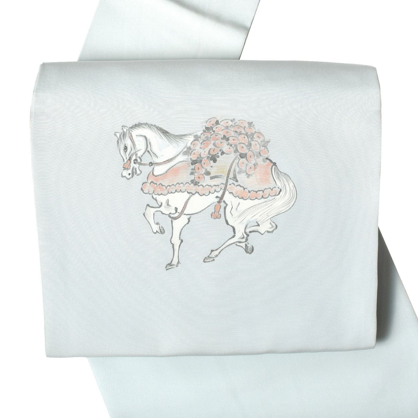 【中古品】仕立て上がり 名古屋帯 「藍白地に馬柄」 正絹 友禅 洒落帯