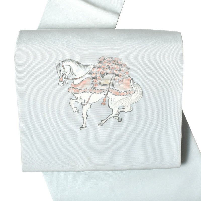 【中古品】仕立て上がり 名古屋帯 「藍白地に馬柄」 正絹 友禅 洒落帯