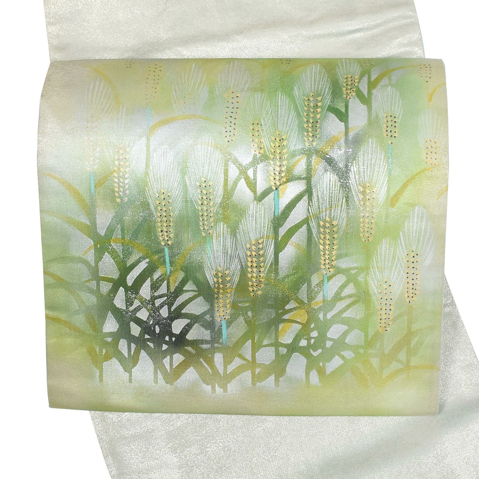 【中古品】仕立て上がり 袋帯 「白緑に麦」 洒落帯 正絹