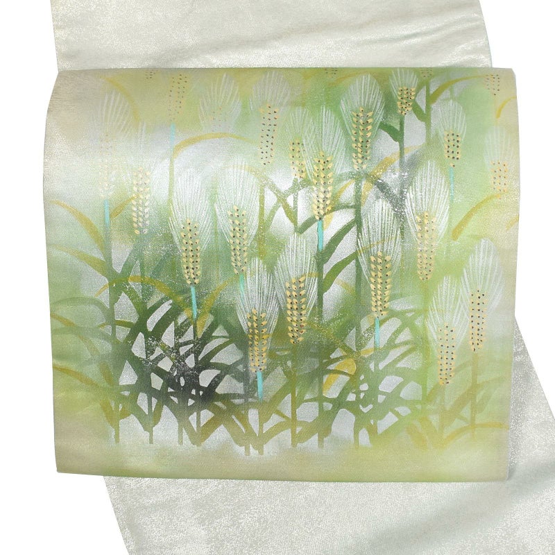 【中古品】仕立て上がり 袋帯 「白緑に麦」 洒落帯 正絹