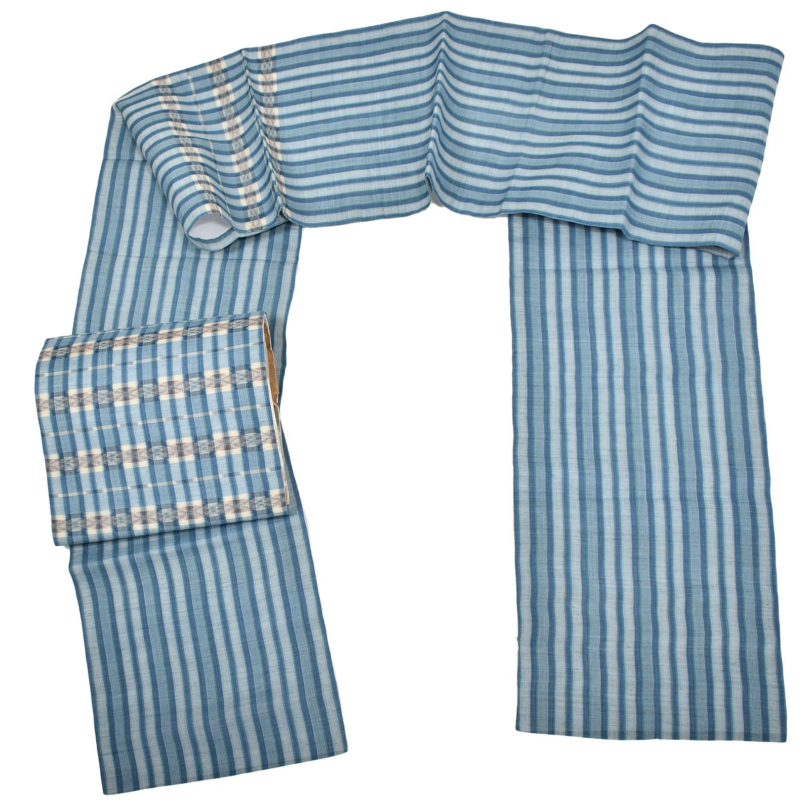 中古品】仕立て上がり 九寸名古屋帯 「紺 間道に菱繋ぎ」 開き仕立て
