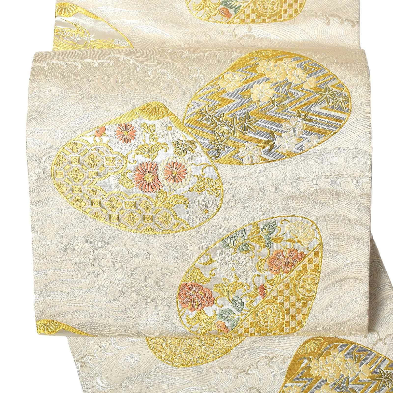 中古品】仕立て上がり 袋帯 「象牙色 銀 波に貝合わせ」 礼装用