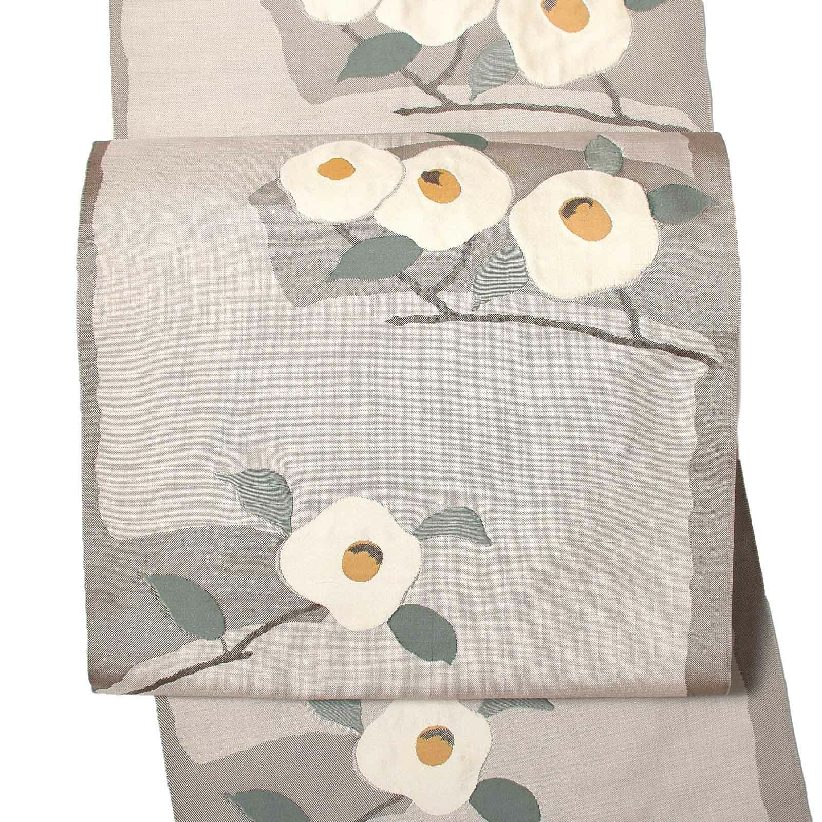 【中古品】仕立て上がり 袋帯 「薄グレーに白椿」 洒落帯