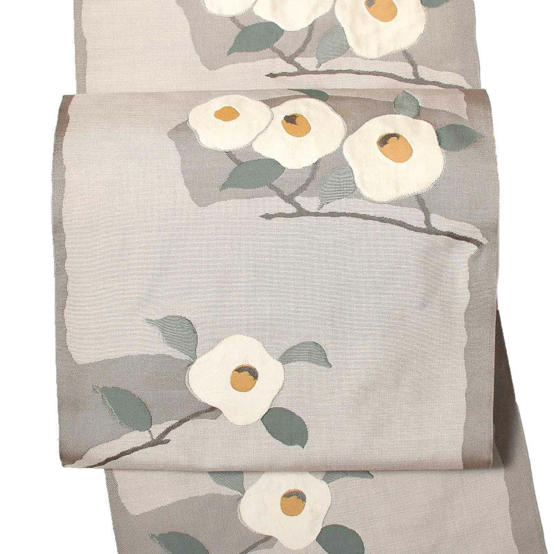 【中古品】仕立て上がり 袋帯 「薄グレーに白椿」 洒落帯