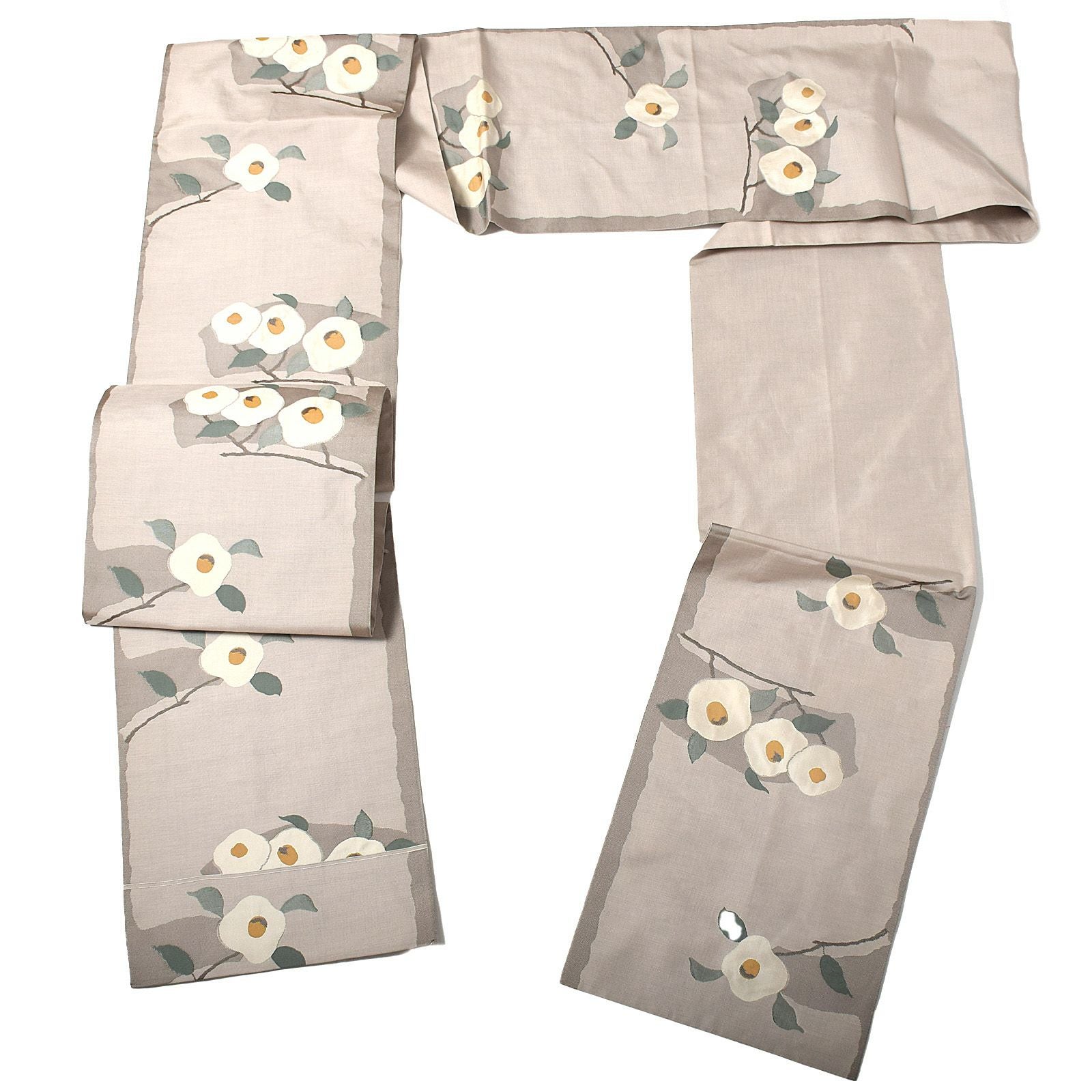 中古品】仕立て上がり 袋帯 「薄グレーに白椿」 洒落帯 【メール便不可