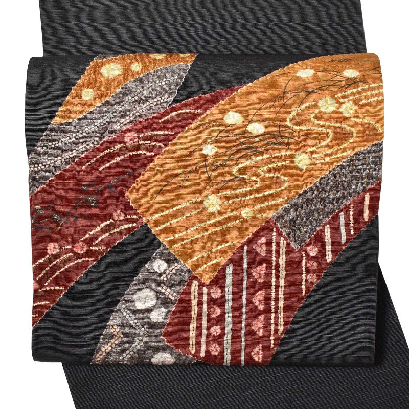 【中古品】仕立て上がり 袋帯 「墨色に四季の短冊文様」 染帯 染め帯 洒落帯