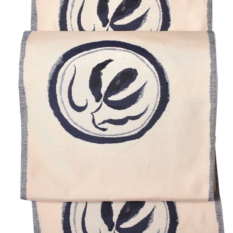 【中古品】仕立て上がり 袋帯 「白地に黒紺　抽象画の丸紋」 西陣織 日本製