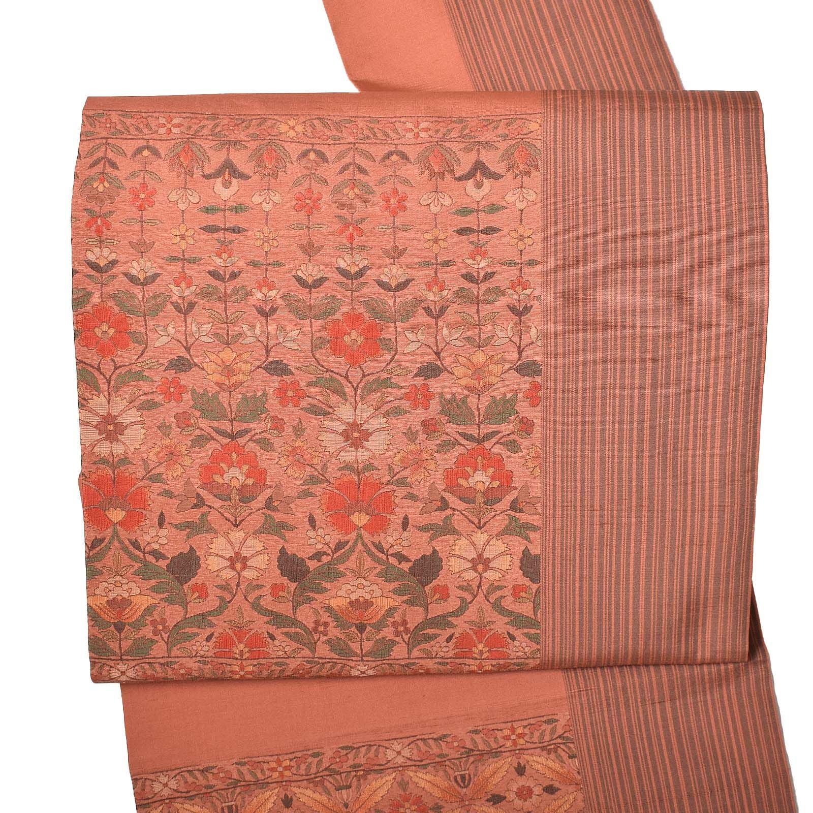 【中古品】仕立て上がり 九寸帯 「東雲色　間道に更紗文」 紬地