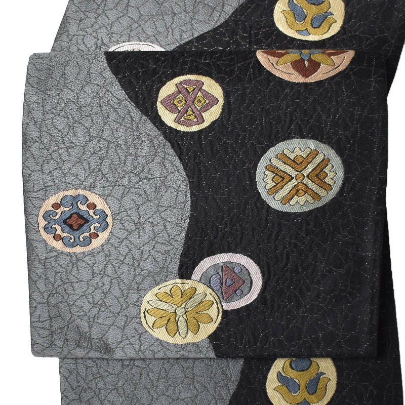 【中古品】仕立て上がり 袋帯 「氷割れ文　紺とグレー地に抽象画の丸紋」 洒落帯