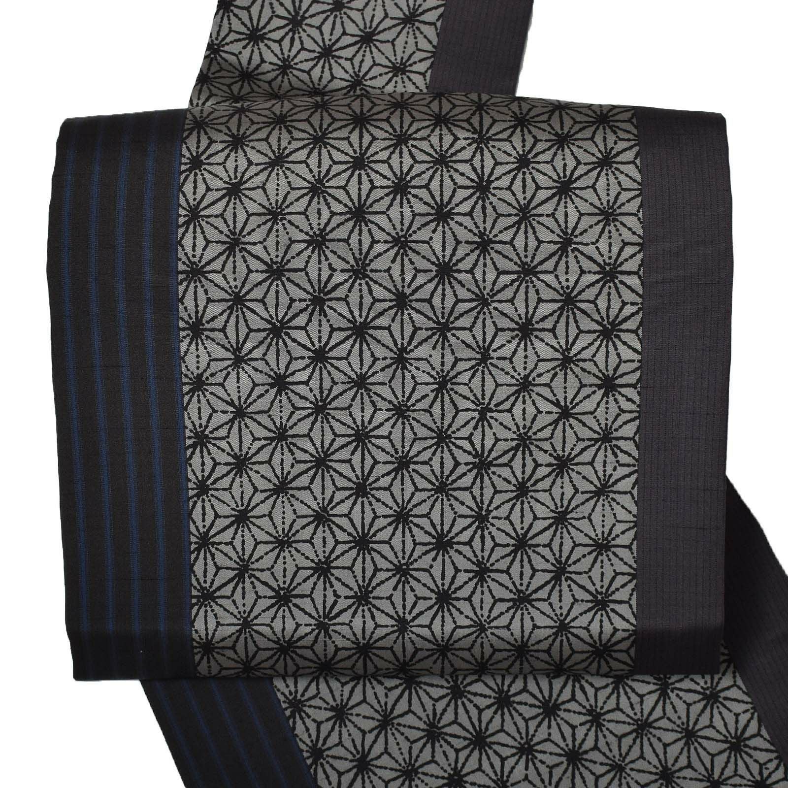 【新古品】仕立て上がり 九寸帯 「麻の葉」 大島紬 証書あり 麻の葉 黒 染め帯 染帯 中嶋左京