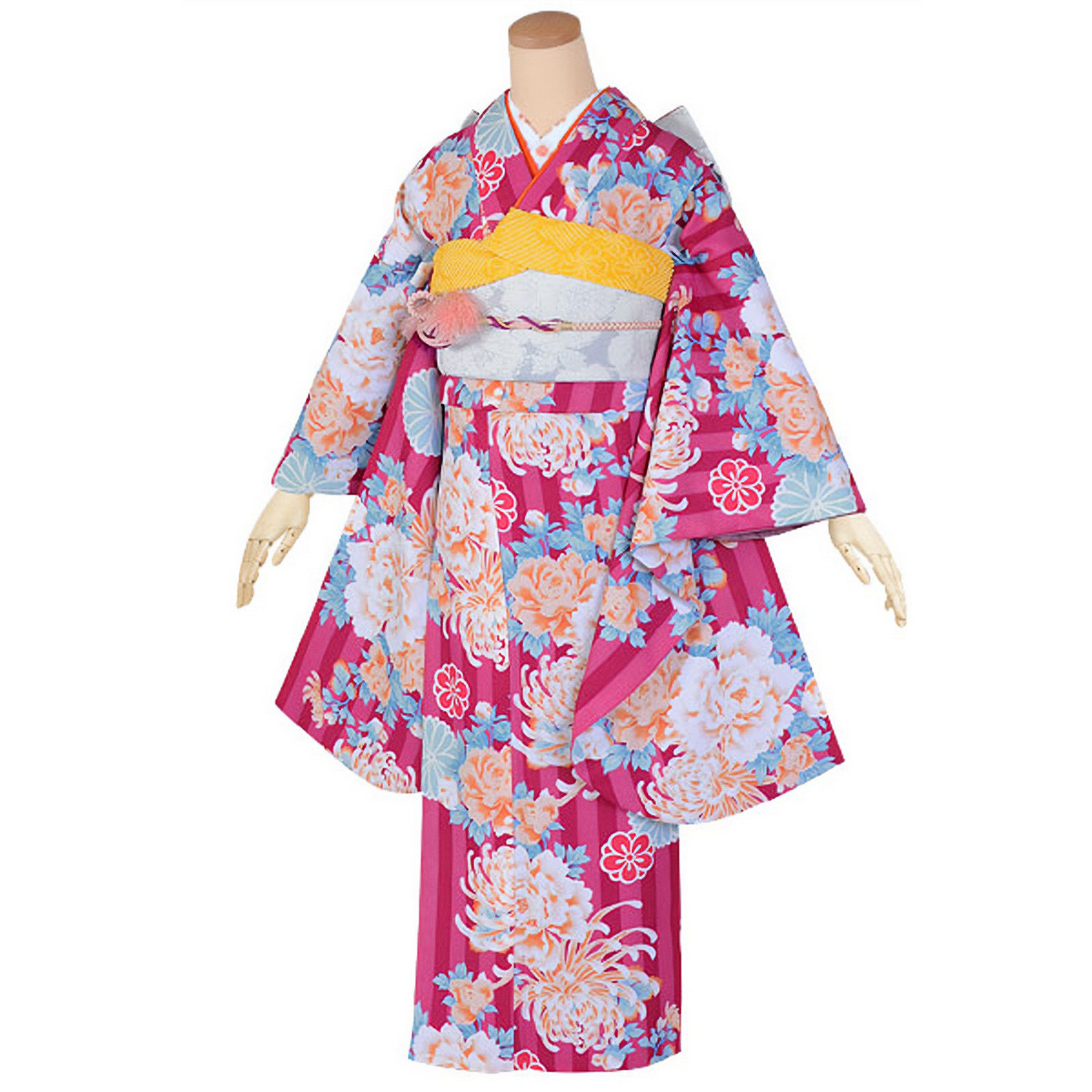 【中古品】ジュニア用 振袖単品 「赤紫　ストライプ牡丹と菊」 仕立て上がり 襦袢プレゼント 小振袖 着物 子ども 子供 キッズ ジュニア 女の子 卒業式 小学校 小学生 中学校 中学生 十三参り 十三詣り 1/2成人式 ハーフ成人式 貸衣装処分 レンタル処分品