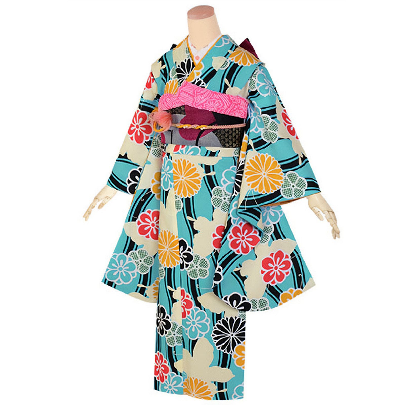 中古品】ジュニア用 振袖単品 「水色 立涌に蝶」 仕立て上がり 襦袢