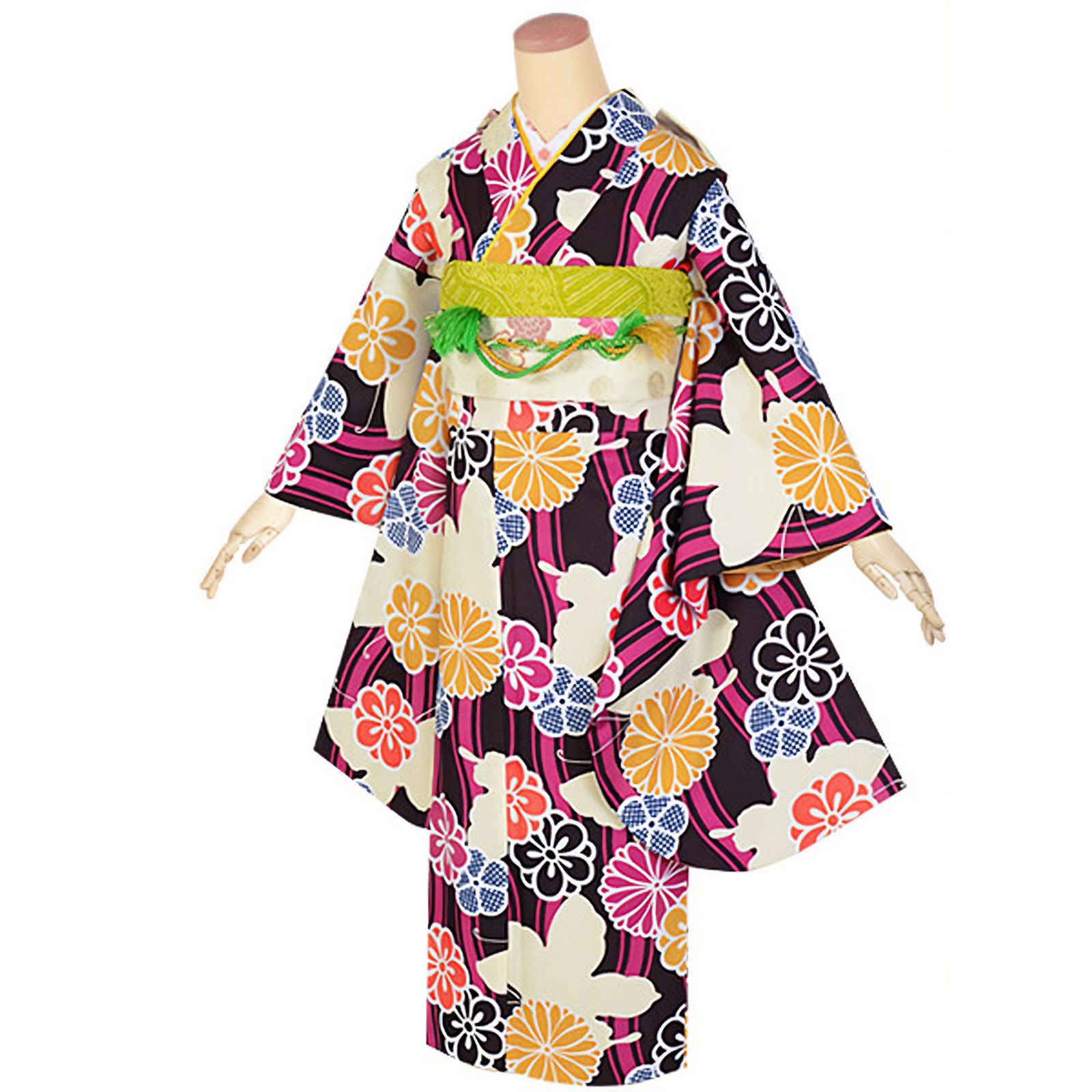 中古品】ジュニア用 振袖単品 「紫 立涌に蝶」 仕立て上がり 襦袢