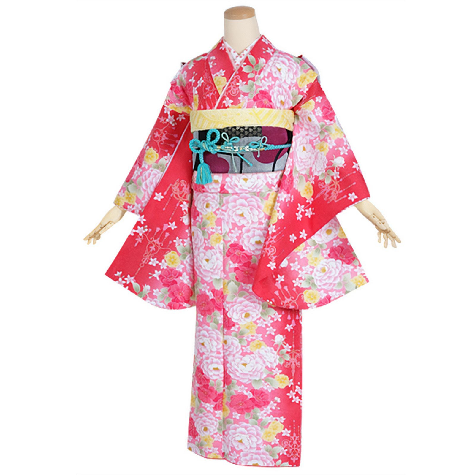 【中古品】ジュニア用 振袖単品 「赤　バラとシャンデリア」 仕立て上がり 着物 小振袖 二尺袖 子ども 子供 キッズ ジュニア 女の子 卒業式 小学校 小学生 中学校 中学生 十三参り 十三詣り 1/2成人式 ハーフ成人式 貸衣装処分 レンタル処分品