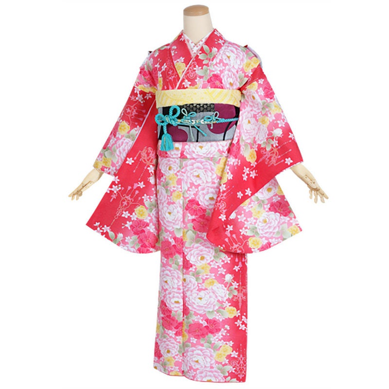 【中古品】ジュニア用 振袖単品 「赤　バラとシャンデリア」 仕立て上がり 着物 小振袖 二尺袖 子ども 子供 キッズ ジュニア 女の子 卒業式 小学校 小学生 中学校 中学生 十三参り 十三詣り 1/2成人式 ハーフ成人式 貸衣装処分 レンタル処分品