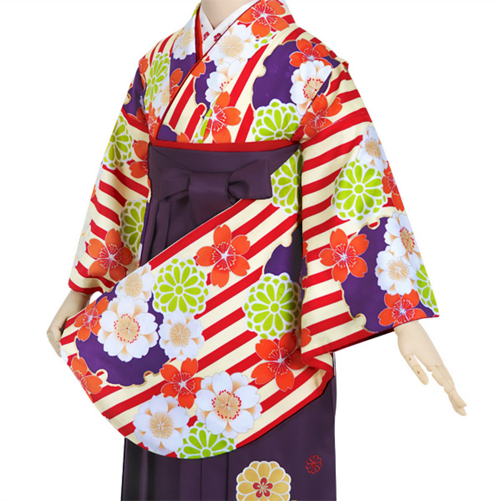 【中古品】ジュニア用 振袖単品 「クリーム　赤縞に雪輪桜」 仕立て上がり 着物 小振袖 二尺袖 袴に合わせて ショート丈 子ども 子供 キッズ ジュニア 女の子 卒業式 入学式 小学校 小学生 中学校 中学生 十三参り 十三詣り 貸衣装処分 レンタル処分品