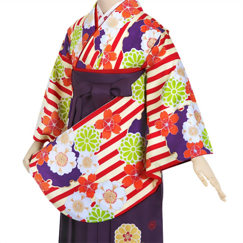 【中古品】ジュニア用 振袖単品 「クリーム　赤縞に雪輪桜」 仕立て上がり 着物 小振袖 二尺袖 袴に合わせて ショート丈 子ども 子供 キッズ ジュニア 女の子 卒業式 入学式 小学校 小学生 中学校 中学生 十三参り 十三詣り 貸衣装処分 レンタル処分品