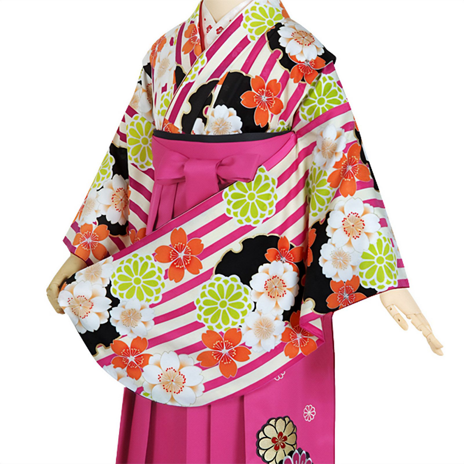 【中古品】ジュニア用 振袖単品 「クリーム　ピンク縞に雪輪桜」 仕立て上がり 着物 小振袖 二尺袖 袴に合わせて ショート丈 子ども 子供 キッズ ジュニア 女の子 卒業式 入学式 小学校 小学生 中学校 中学生 十三参り 十三詣り 貸衣装処分 レンタル処分品