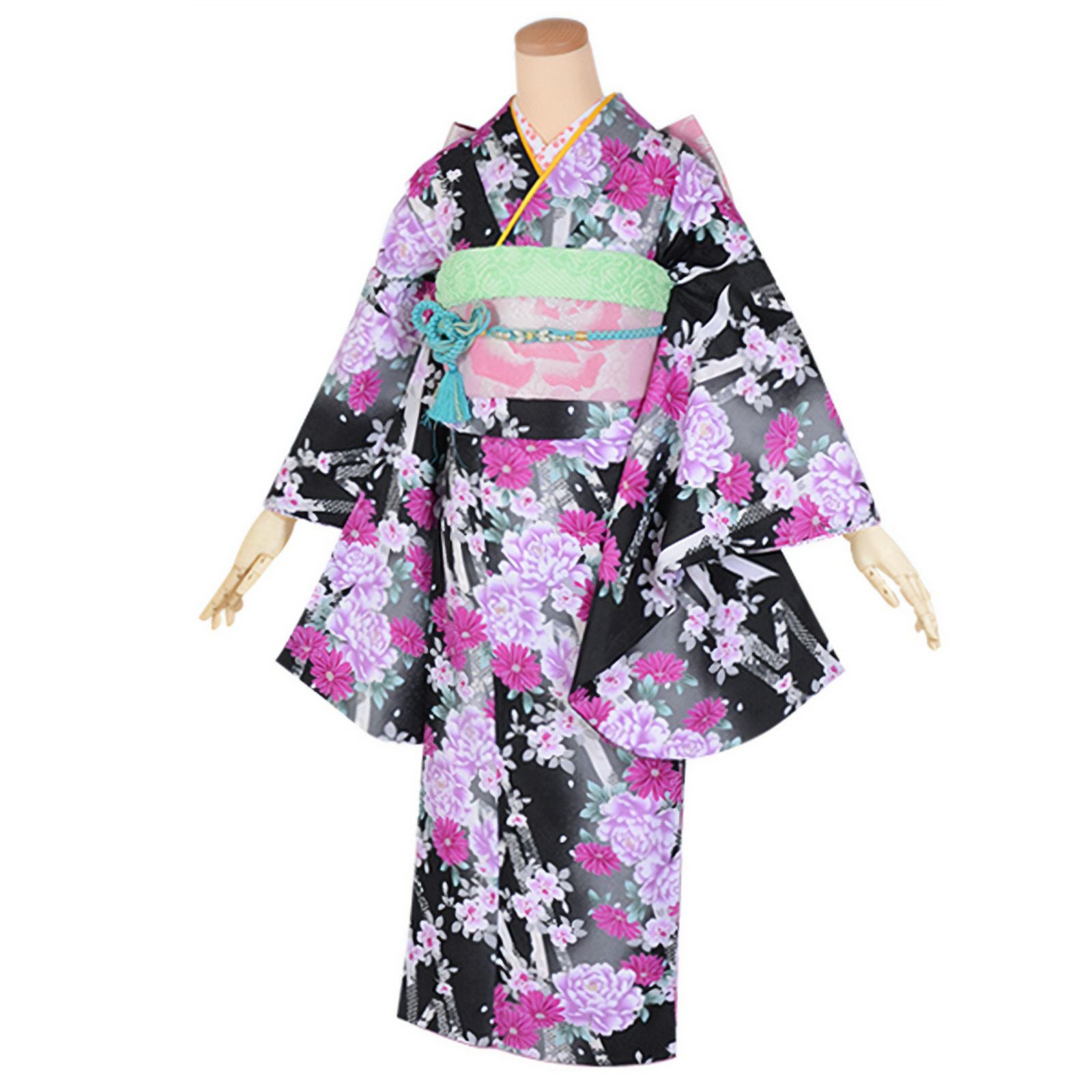 【中古品】ジュニア用 振袖単品 「黒　牡丹とリボン」 仕立て上がり 着物 小振袖 二尺袖 子ども 子供 キッズ ジュニア 女の子 卒業式 小学校 小学生 中学校 中学生 十三参り 十三詣り 1/2成人式 ハーフ成人式 貸衣装処分 レンタル処分品