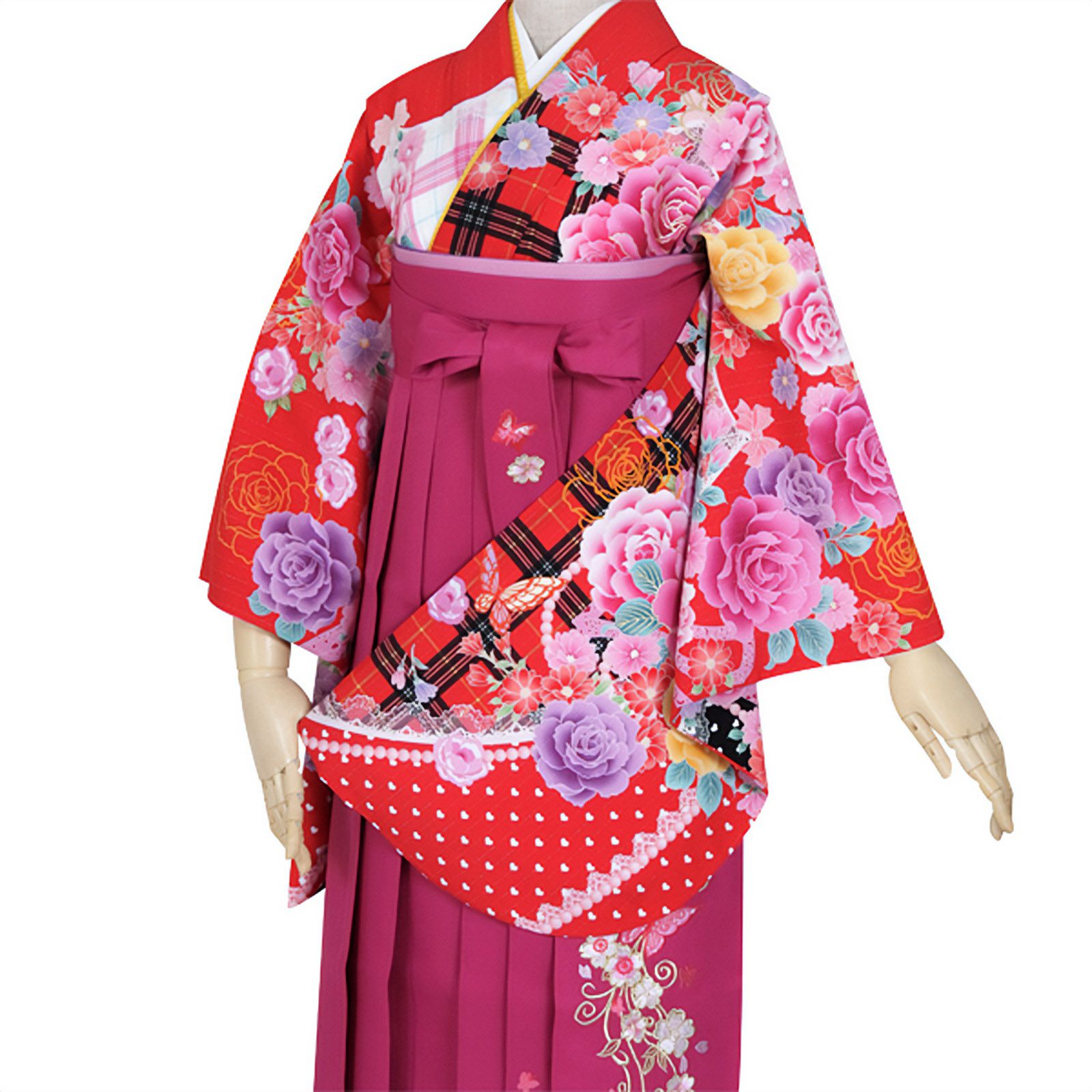 【中古品】ジュニア用 振袖単品 「赤　チェックにバラとレース」 仕立て上がり 着物 小振袖 二尺袖 袴に合わせて ショート丈 子ども 子供 キッズ ジュニア 女の子 卒業式 入学式 小学校 小学生 中学校 中学生 十三参り 十三詣り 貸衣装処分 レンタル処分品