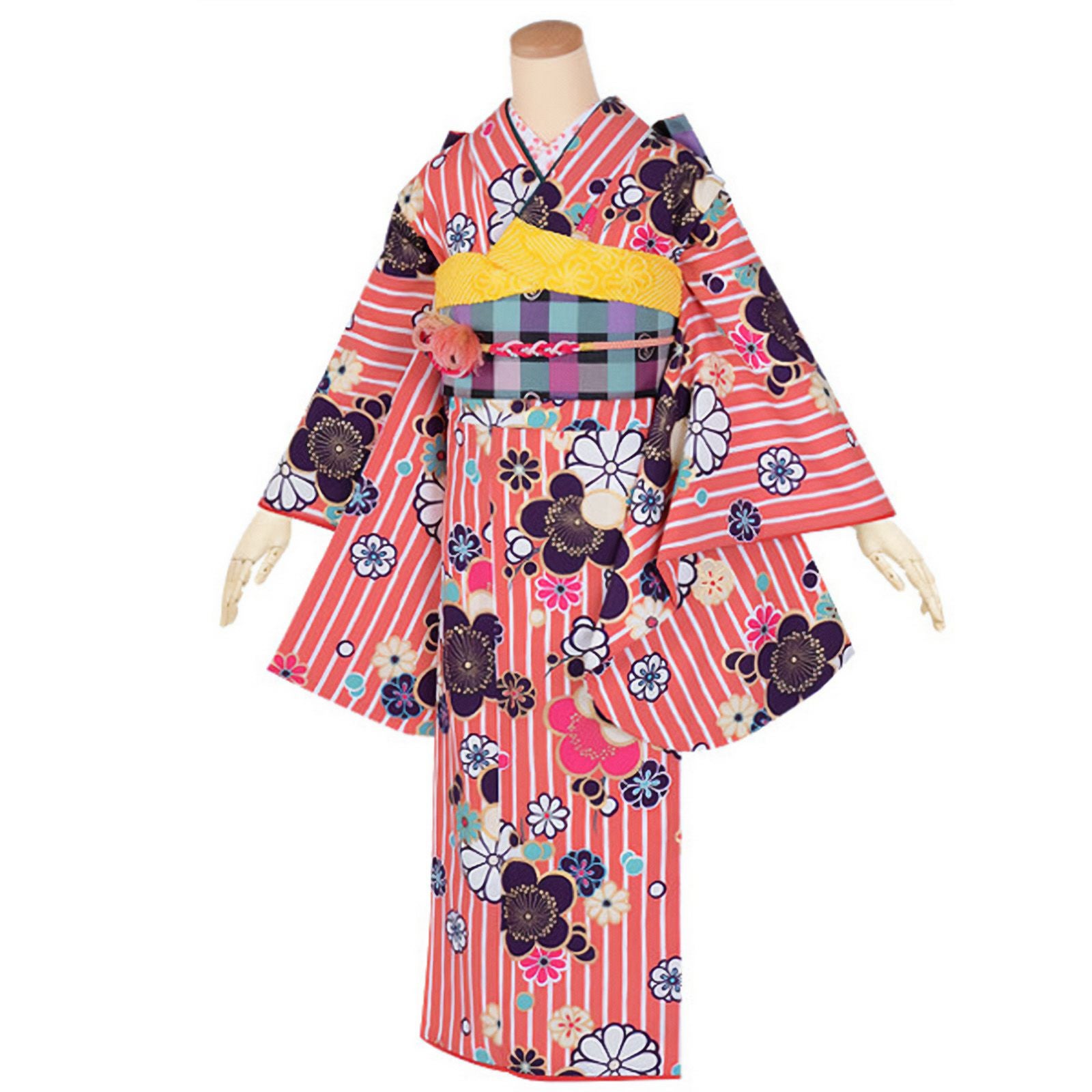 中古品】ジュニア用 振袖単品 「ピンク 縞に梅文様」 九重 ここのえ