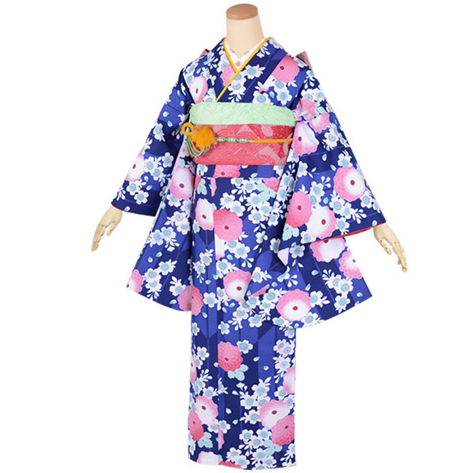 【中古品】ジュニア用 振袖単品 「紺　矢羽根に菊と桜」 仕立て上がり 着物 小振袖 二尺袖 子ども 子供 キッズ ジュニア 女の子 卒業式 小学校 小学生 中学校 中学生 十三参り 十三詣り 1/2成人式 ハーフ成人式 貸衣装処分 レンタル処分品
