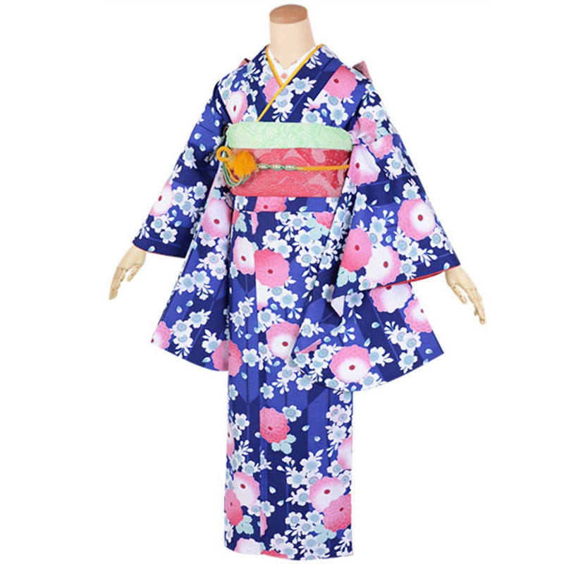 【中古品】ジュニア用 振袖単品 「紺　矢羽根に菊と桜」 仕立て上がり 着物 小振袖 二尺袖 子ども 子供 キッズ ジュニア 女の子 卒業式 小学校 小学生 中学校 中学生 十三参り 十三詣り 1/2成人式 ハーフ成人式 貸衣装処分 レンタル処分品