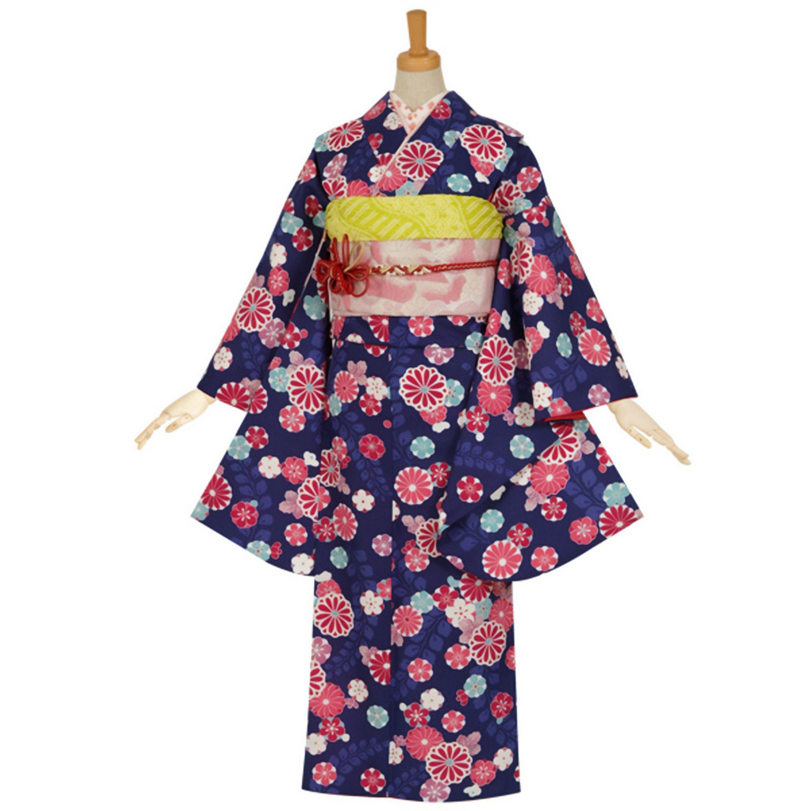 中古品】ジュニア用 振袖単品 「紺 藤に菊梅」 仕立て上がり 着物 小