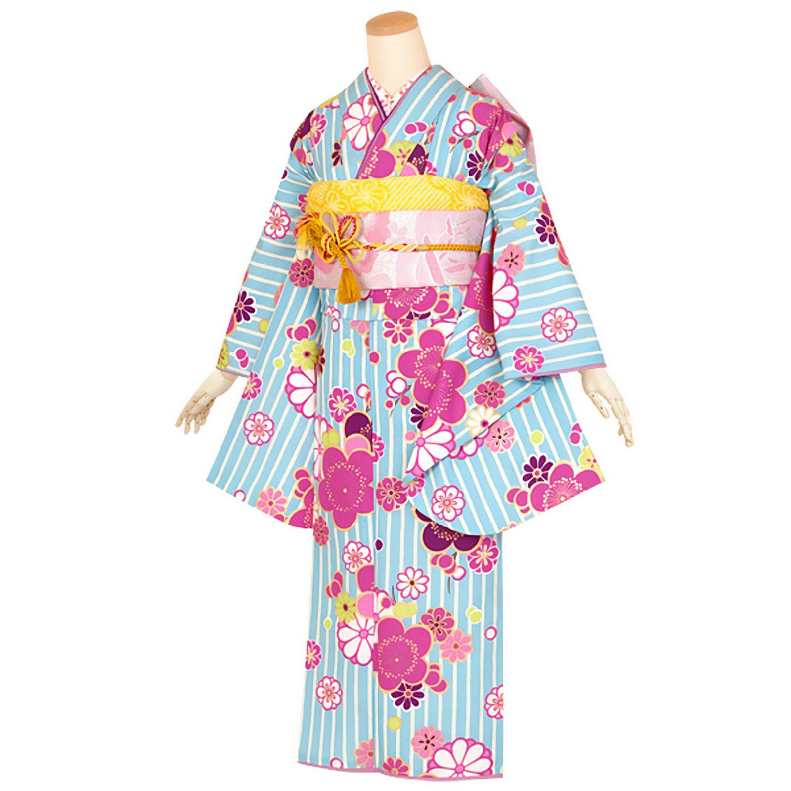 【中古品】ジュニア用 振袖単品 「水色　縞に梅文様」 九重 ここのえ 仕立て上がり 着物 小振袖 二尺袖 子ども 子供 キッズ ジュニア 女の子 卒業式 小学校 小学生 中学校 中学生 十三参り 十三詣り 1/2成人式 ハーフ成人式 貸衣装処分 レンタル処分品