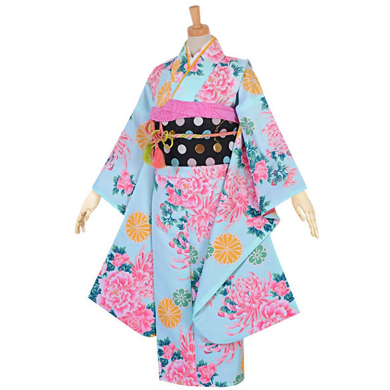 【中古品】ジュニア用 振袖単品 「水色　菊牡丹」 仕立て上がり 襦袢プレゼント 小振袖 着物 子ども 子供 キッズ ジュニア 女の子 卒業式 小学校 小学生 中学校 中学生 十三参り 十三詣り 1/2成人式 ハーフ成人式 貸衣装処分 レンタル処分品