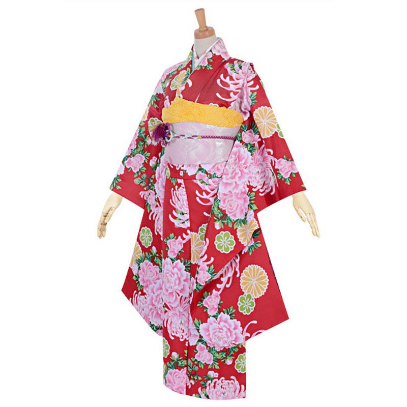 【中古品】ジュニア用 振袖単品 「赤　菊牡丹」 仕立て上がり 襦袢プレゼント 小振袖 着物 子ども 子供 キッズ ジュニア 女の子 卒業式 小学校 小学生 中学校 中学生 十三参り 十三詣り 1/2成人式 ハーフ成人式 貸衣装処分 レンタル処分品