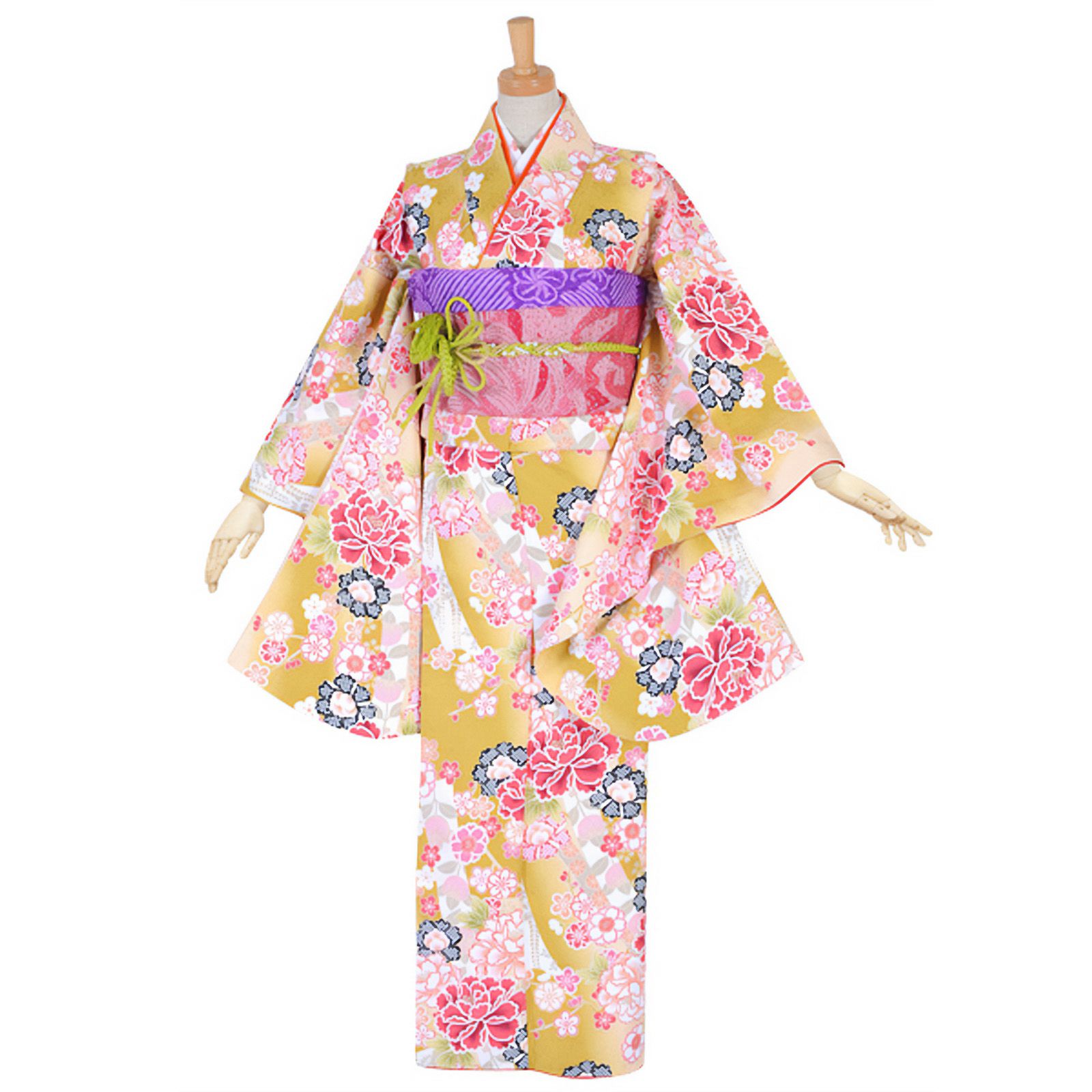 【中古品】ジュニア用 振袖単品 「芥子色　桜と牡丹」 仕立て上がり 着物 小振袖 二尺袖 子ども 子供 キッズ ジュニア 女の子 卒業式 小学校 小学生 中学校 中学生 十三参り 十三詣り 1/2成人式 ハーフ成人式 貸衣装処分 レンタル処分品