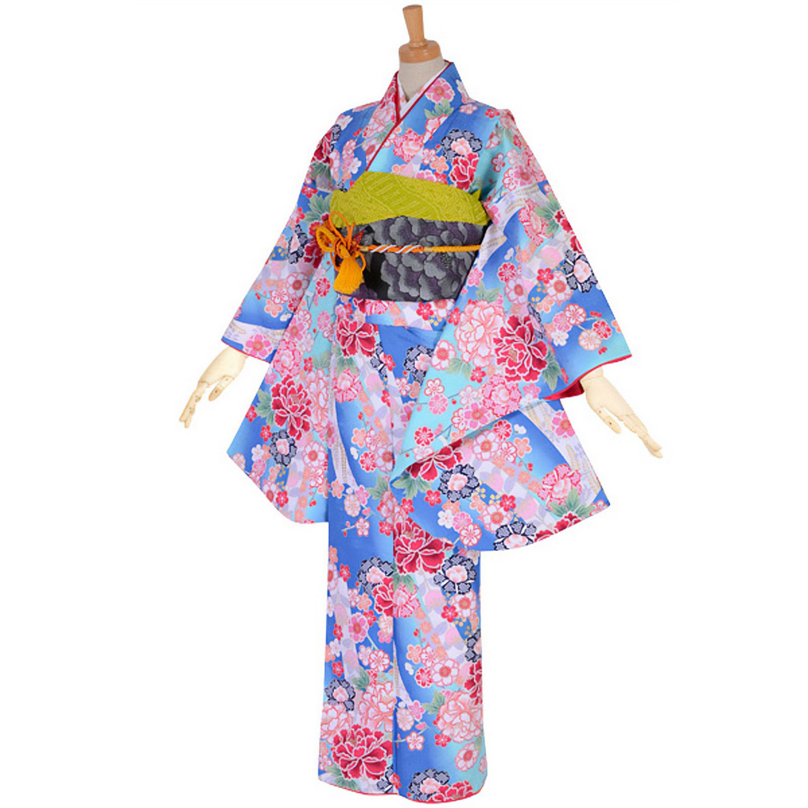 【売切値下げ】606zf78,605u7☆中振袖 小柄な方にも☆十三参り 中古品】ジュニア用 振袖単品 「青 桜と牡丹」 仕立て上がり 着物 小