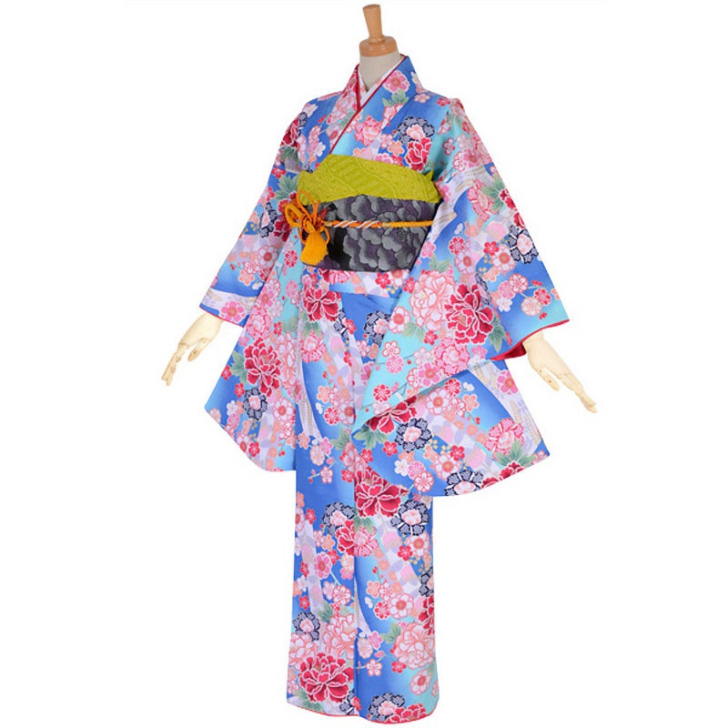 【中古品】ジュニア用 振袖単品 「青　桜と牡丹」 仕立て上がり 着物 小振袖 二尺袖 子ども 子供 キッズ ジュニア 女の子 卒業式 小学校 小学生 中学校 中学生 十三参り 十三詣り 1/2成人式 ハーフ成人式 貸衣装処分 レンタル処分品