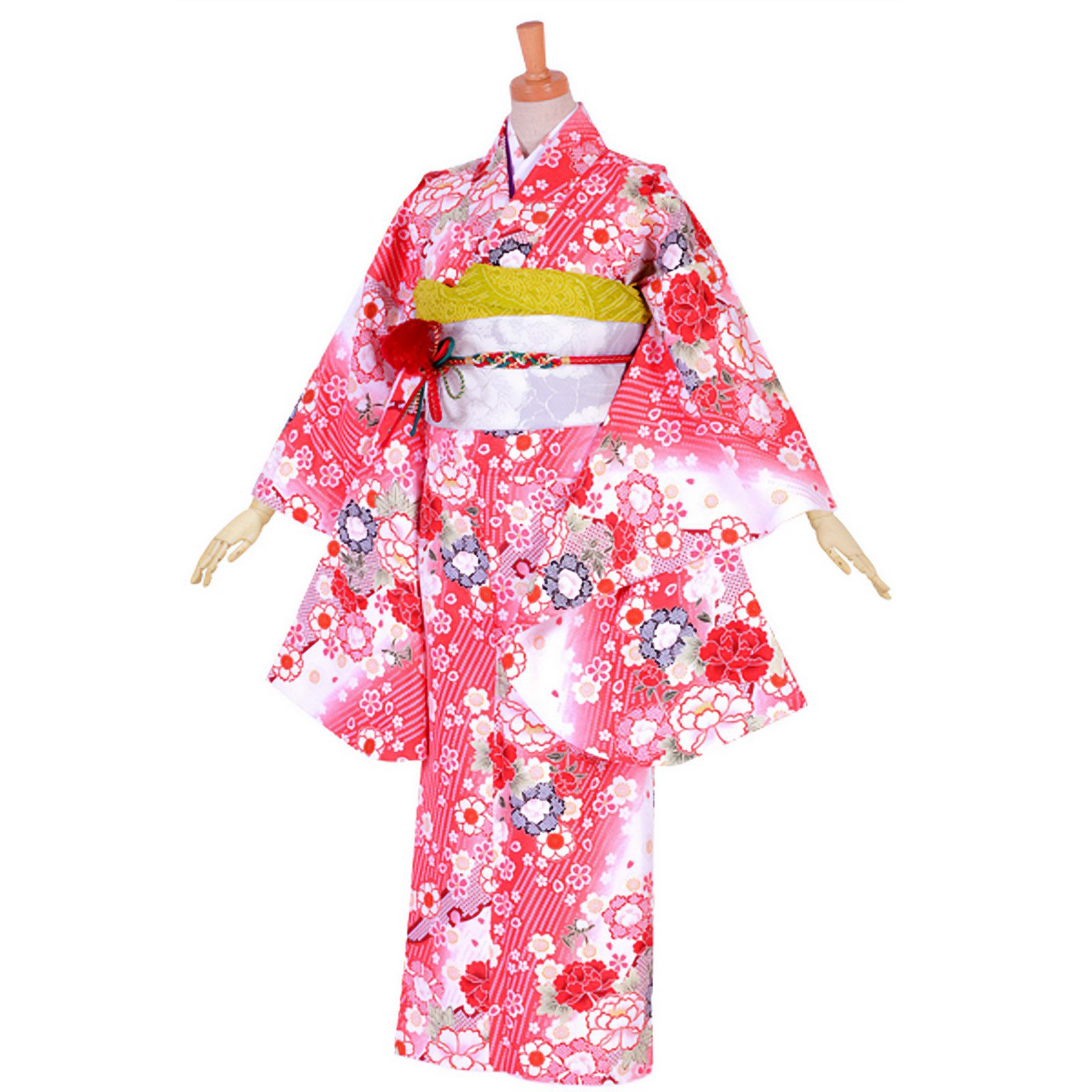 【中古品】ジュニア用 振袖単品 「白赤　大雪輪に牡丹桜」 仕立て上がり 着物 小振袖 二尺袖 子ども 子供 キッズ ジュニア 女の子 卒業式 小学校 小学生 中学校 中学生 十三参り 十三詣り 1/2成人式 ハーフ成人式 貸衣装処分 レンタル処分品