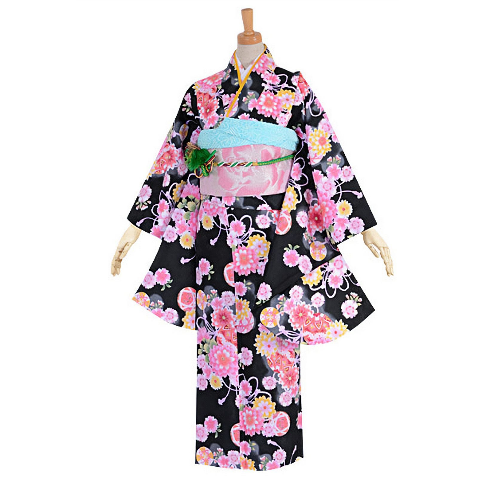 【中古品】ジュニア用 振袖単品 「黒　手毬花飾り紐」 仕立て上がり 着物 小振袖 二尺袖 子ども 子供 キッズ ジュニア 女の子 卒業式 小学校 小学生 中学校 中学生 十三参り 十三詣り 1/2成人式 ハーフ成人式 貸衣装処分 レンタル処分品