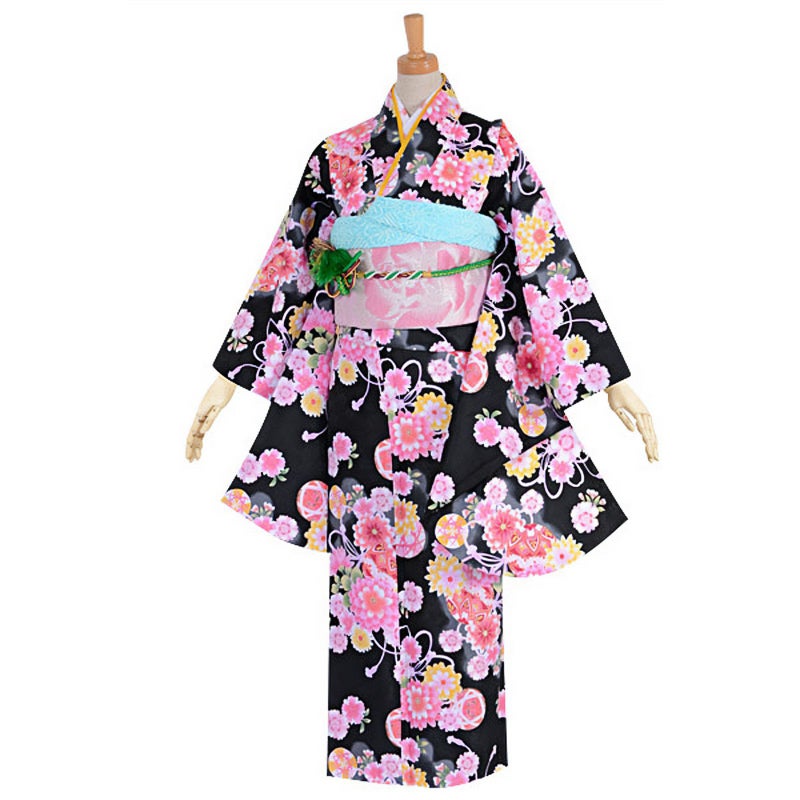 【中古品】ジュニア用 振袖単品 「黒　手毬花飾り紐」 仕立て上がり 着物 小振袖 二尺袖 子ども 子供 キッズ ジュニア 女の子 卒業式 小学校 小学生 中学校 中学生 十三参り 十三詣り 1/2成人式 ハーフ成人式 貸衣装処分 レンタル処分品