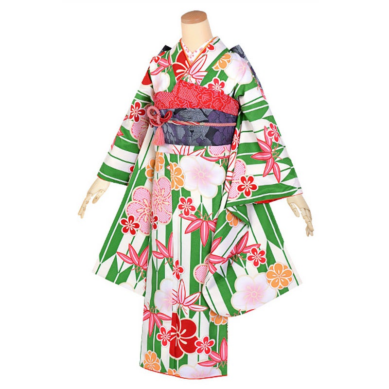 【中古品】ジュニア用 振袖単品 「緑　矢羽根にねじり梅と笹竹」 仕立て上がり 襦袢プレゼント 小振袖 着物 子ども 子供 キッズ ジュニア 女の子 卒業式 小学校 小学生 中学校 中学生 十三参り 十三詣り 1/2成人式 ハーフ成人式 貸衣装処分 レンタル処分品