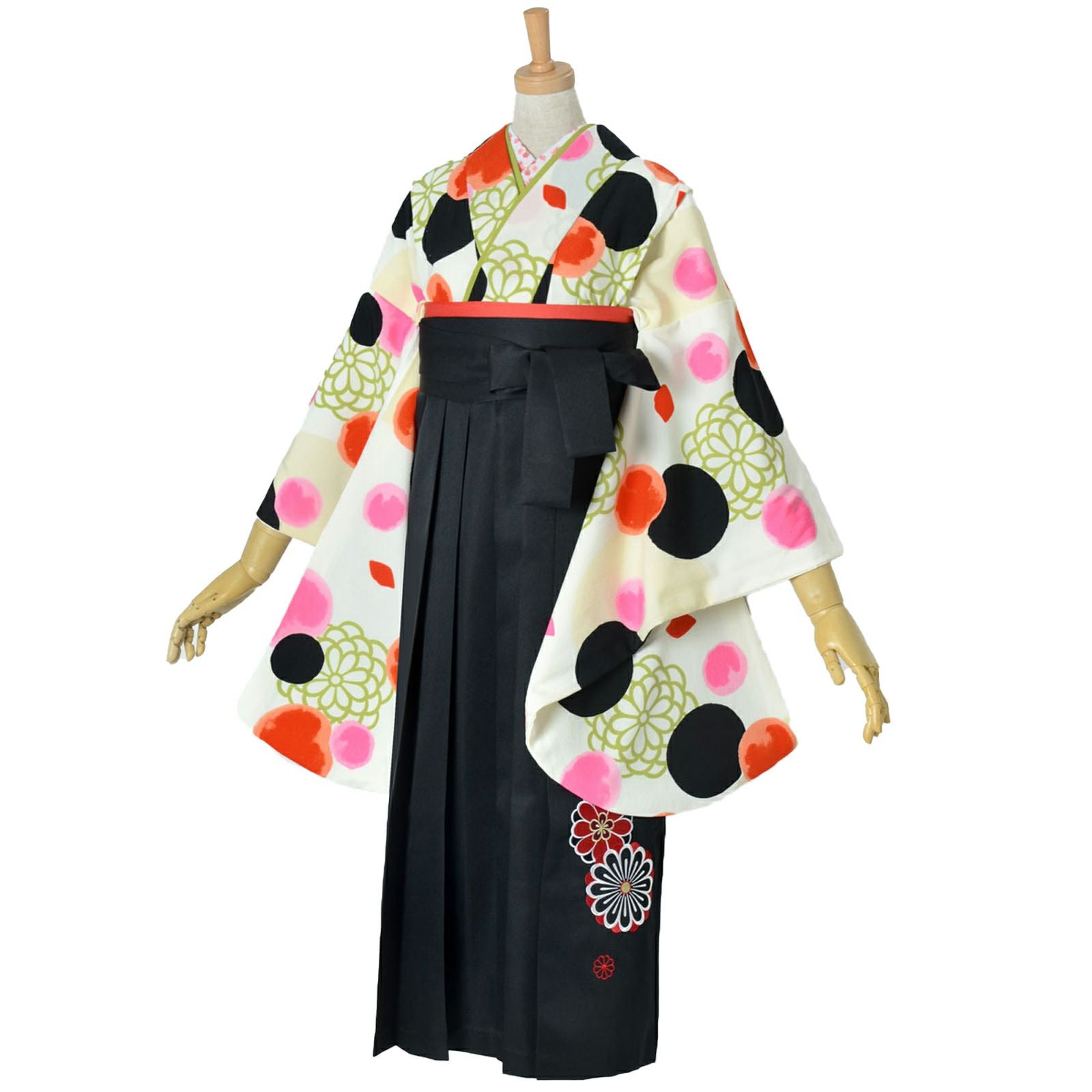 【中古品】ジュニア用 振袖単品 「ベージュ　水玉に丸菊」 仕立て上がり 着物 小振袖 二尺袖 袴に合わせて ショート丈 子ども 子供 キッズ ジュニア 女の子 卒業式 入学式 小学校 小学生 中学校 中学生 十三参り 十三詣り 貸衣装処分 レンタル処分品