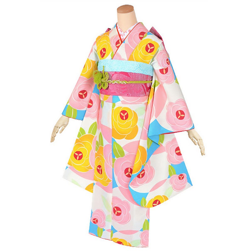 【中古品】ジュニア用 振袖単品 「水色　花と円」 仕立て上がり 襦袢プレゼント 小振袖 着物 子ども 子供 キッズ ジュニア 女の子 卒業式 小学校 小学生 中学校 中学生 十三参り 十三詣り 1/2成人式 ハーフ成人式 貸衣装処分 レンタル処分品