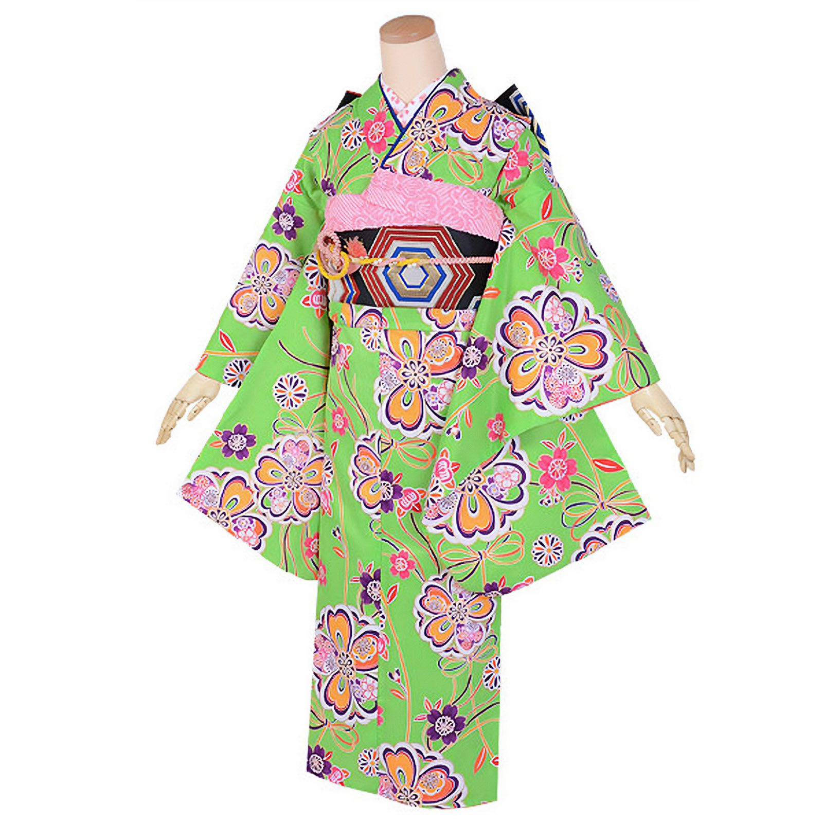 中古品】ジュニア用 振袖単品 「黄緑 花と結び紐」 和遊日 仕立て