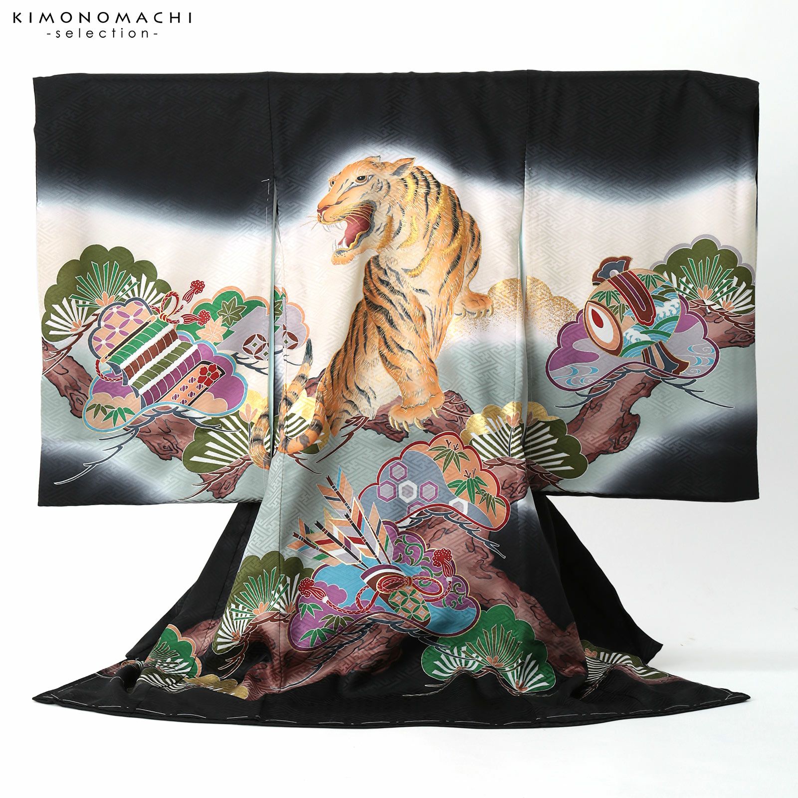 新品 未仕立て 七五三 熨斗目柄 七歳お祝い着 手描き友禅 丹後ちりめん 正絹 男の子のお宮参り産着 祝い着 「黒地 虎に松」 手書き友禅 熨斗目 の